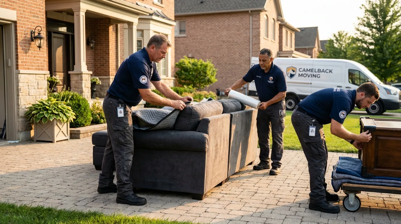 Large estate moving crew wrapping furniture in Jamaica Plain, MA