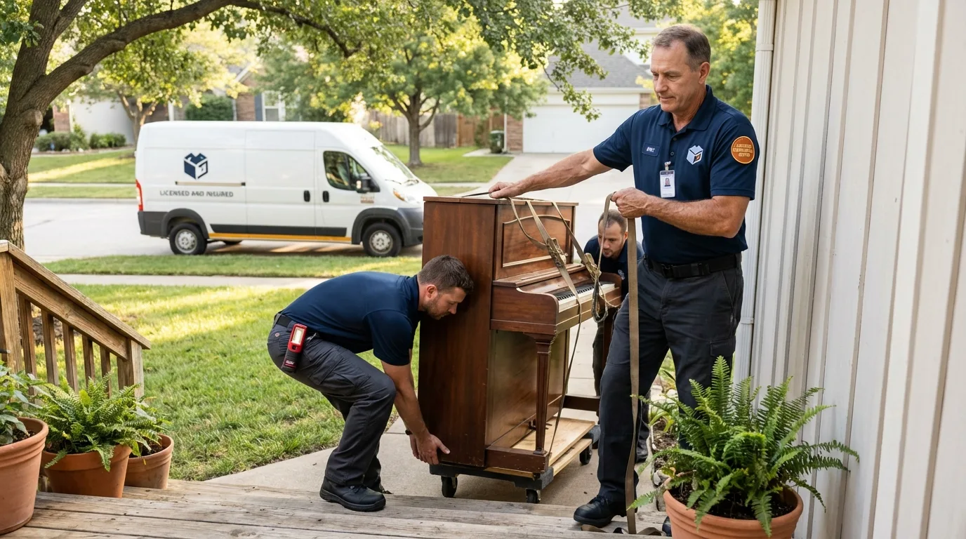 Licensed piano movers securing grand piano in Jamaica Plain, MA