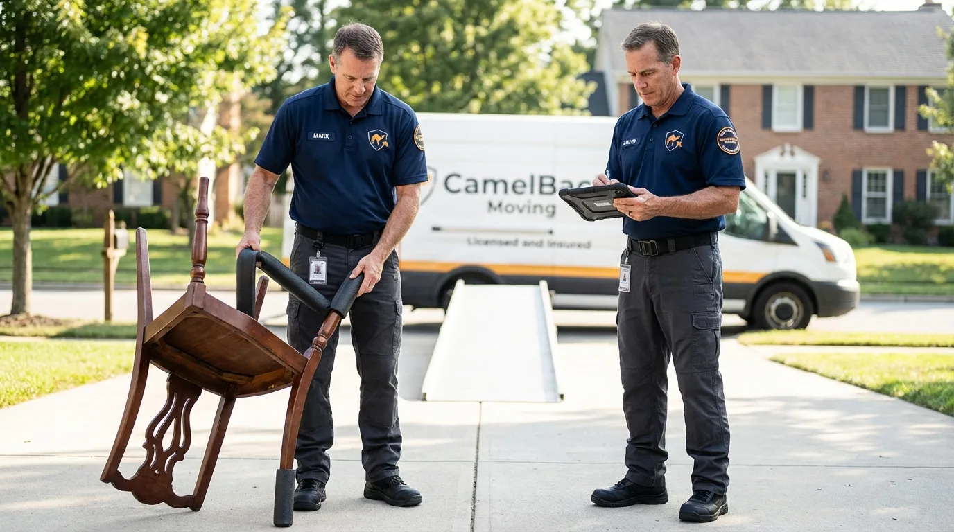 Movers inspecting furniture for damage prevention before loading in Jamaica Plain, MA