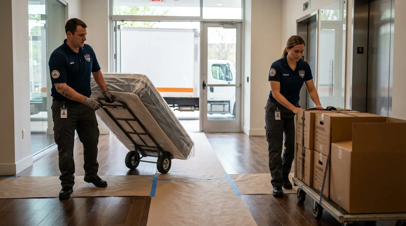 Professional apartment movers loading elevator in Jamaica Plain, MA