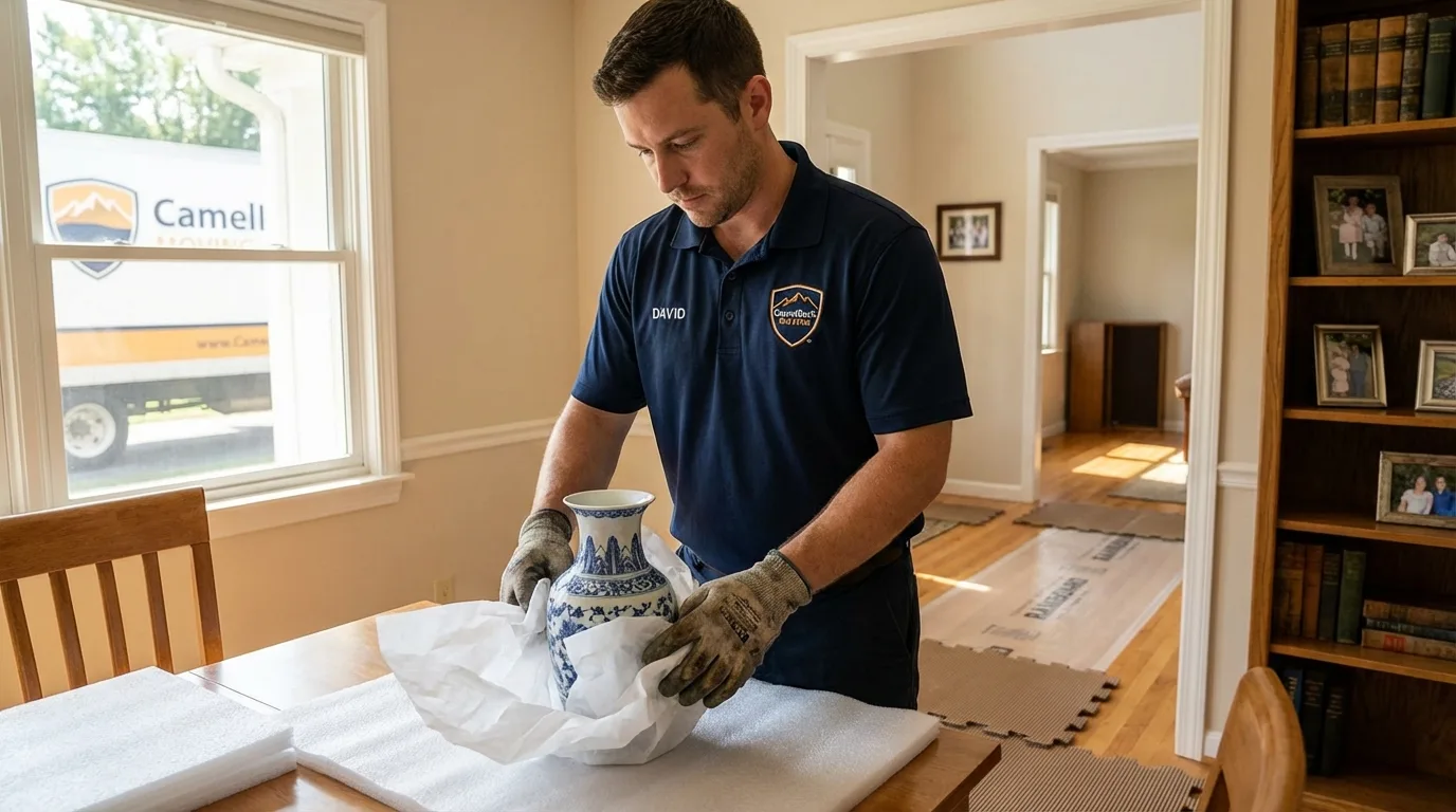 Professional crew carefully wrapping antique vase for senior downsizing move in Jamaica Plain, MA